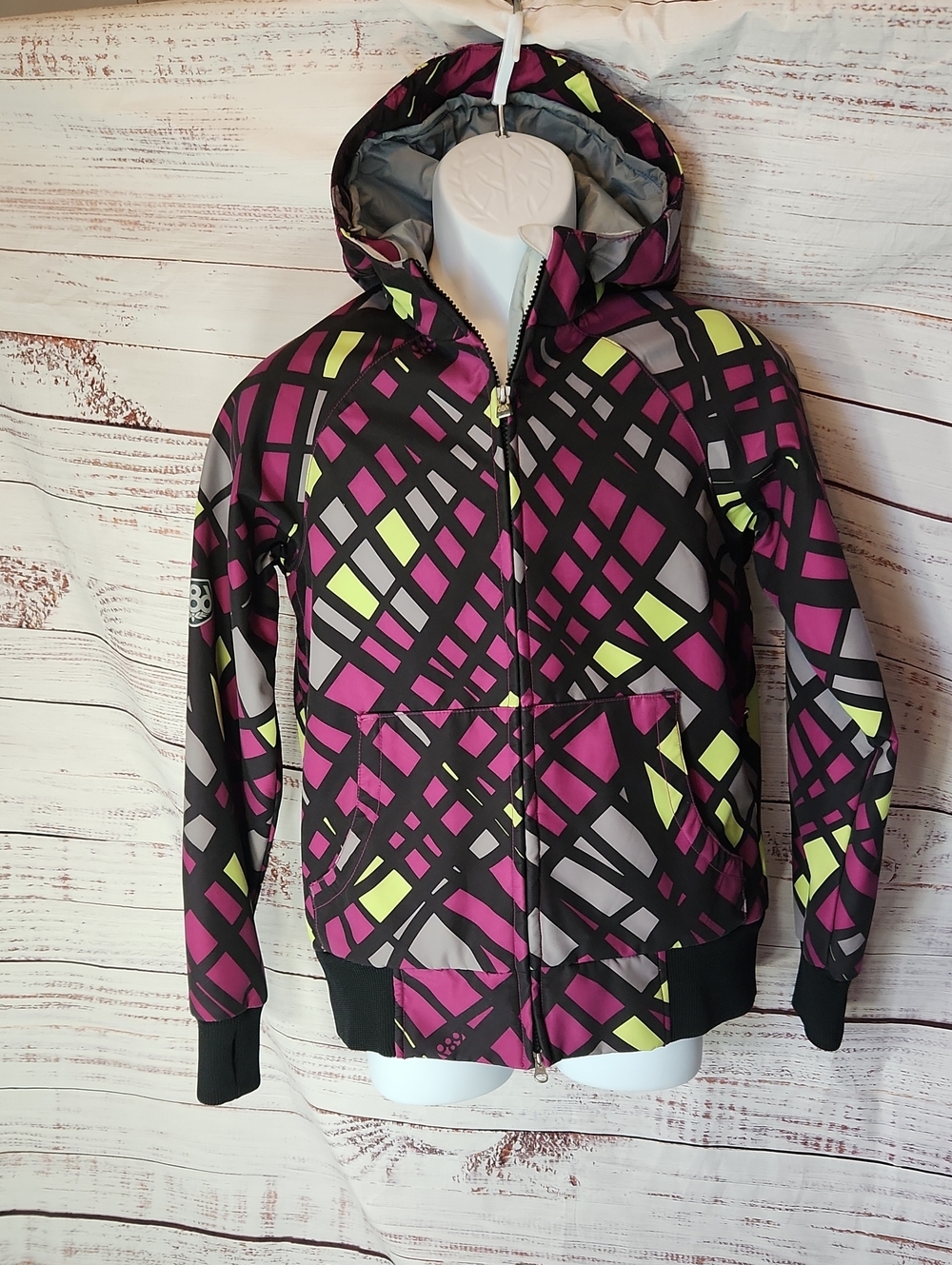686 Men's Geometric Hooded Jacket in Magenta, Lime & Gray